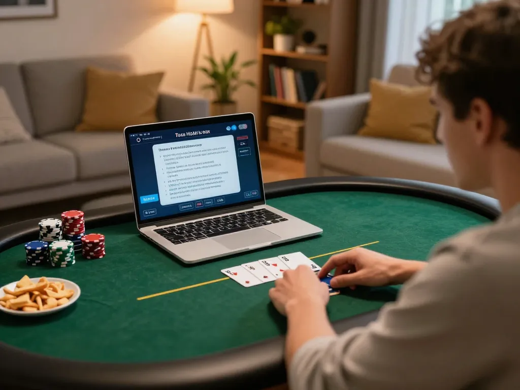 Badak178 player enjoying Texas Hold'em online poker from home with strategy notes in view