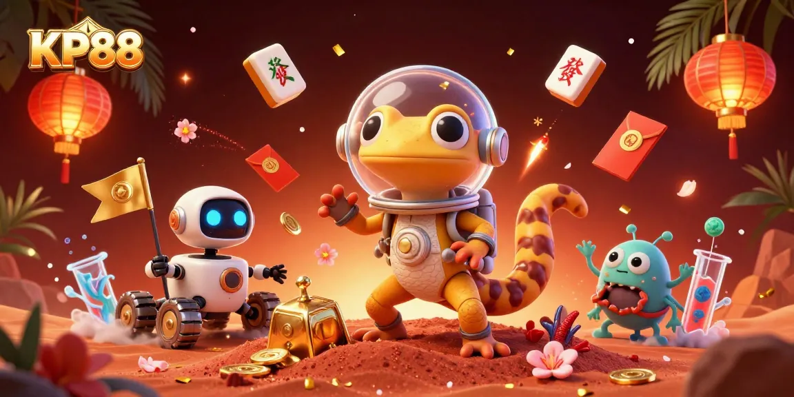 Engage with KP88's thrilling gambling scene, showcasing a Martian gecko and golden casino elements.