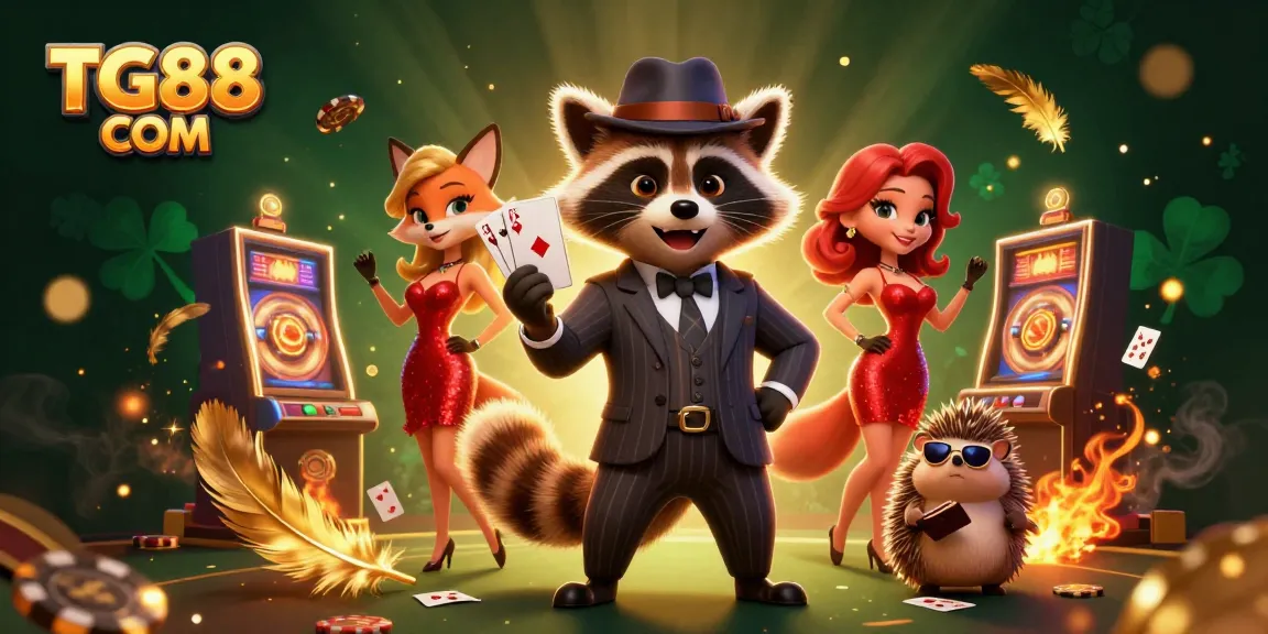 Engage in winning strategies at TG88 COM with a suave raccoon holding a royal flush surrounded by casino elements.