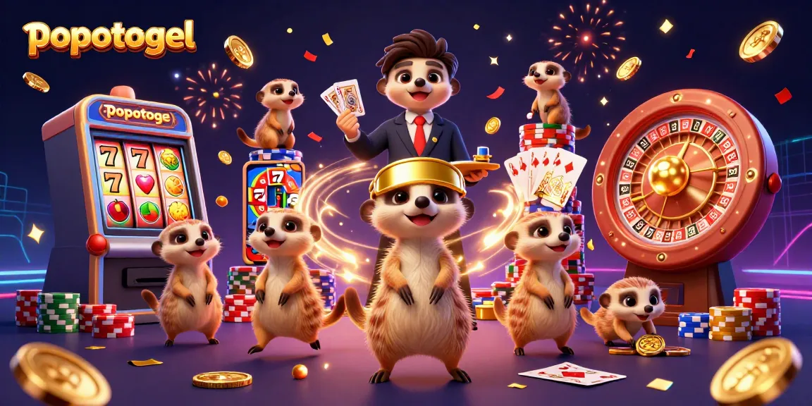 Experience the excitement of popotogel with adorable meerkats in a dynamic casino scene featuring slot machines and card games.