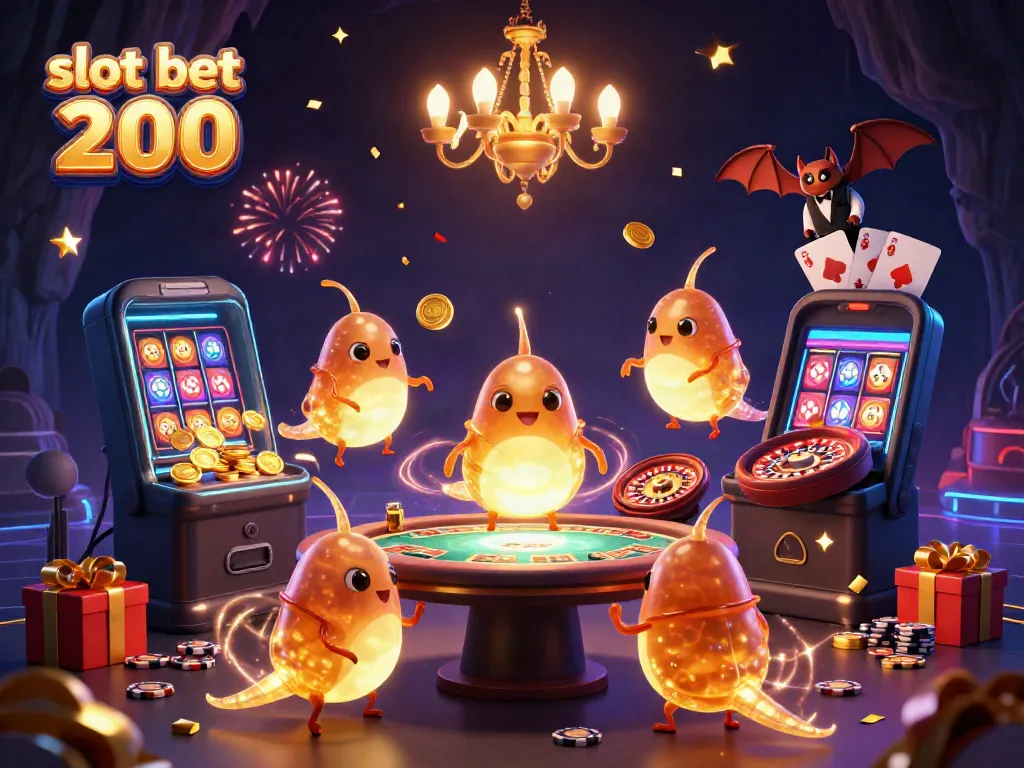 Slot bet 200 di gambar kasino dengan karakter cacing bercahaya dan dealer kelelawar, meriah dan penuh koin emas.
