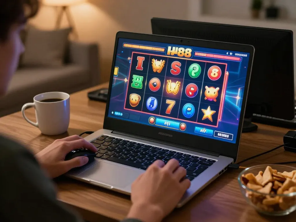 SLOT88 player preparing for a spin in a dynamic online slot game at home, showcasing engaging gameplay