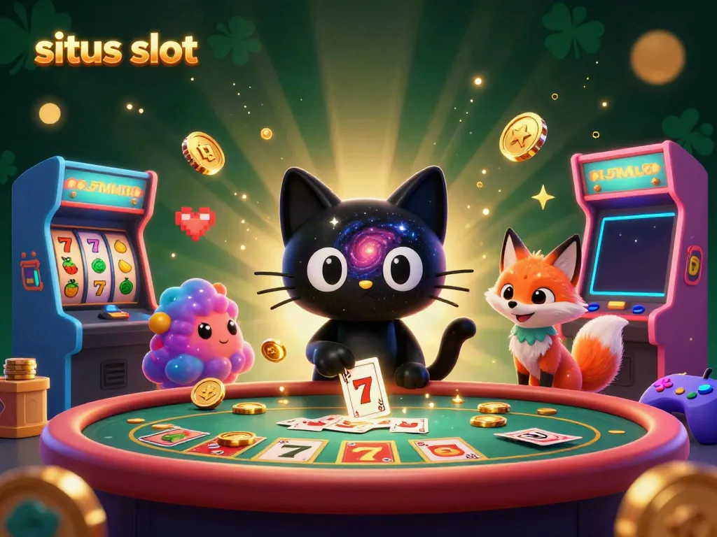 Situs slot illustration featuring a black hole cat and a nebula fox in a vibrant casino scene