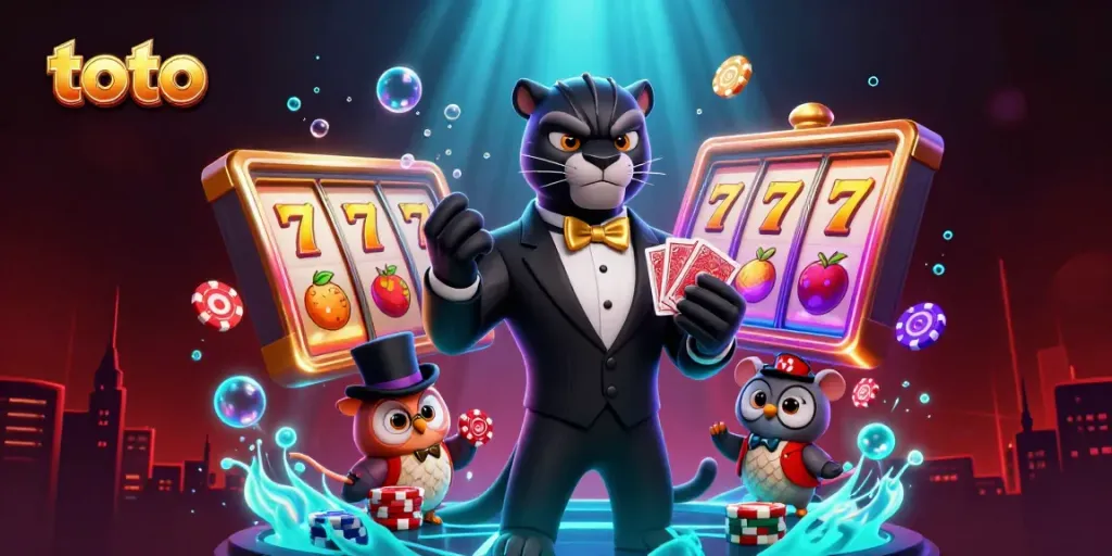 Engaging illustration featuring the stylish black panther dealing cards and the owl holding chips in a lively casino scene with toto branding.