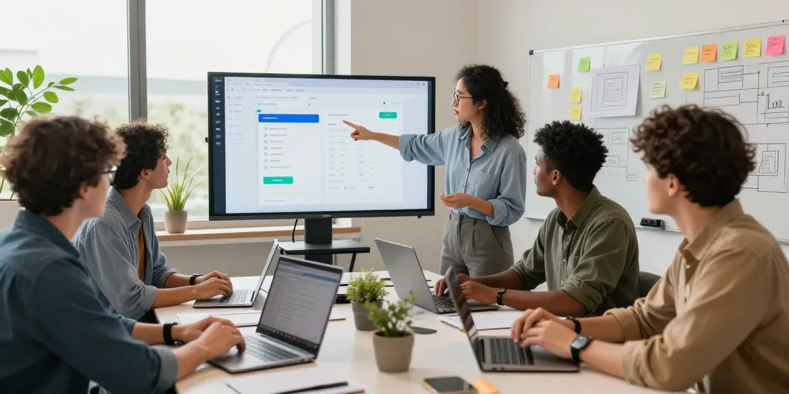 Build internal tools with AI in a vibrant office space showcasing teamwork and innovative software solutions.