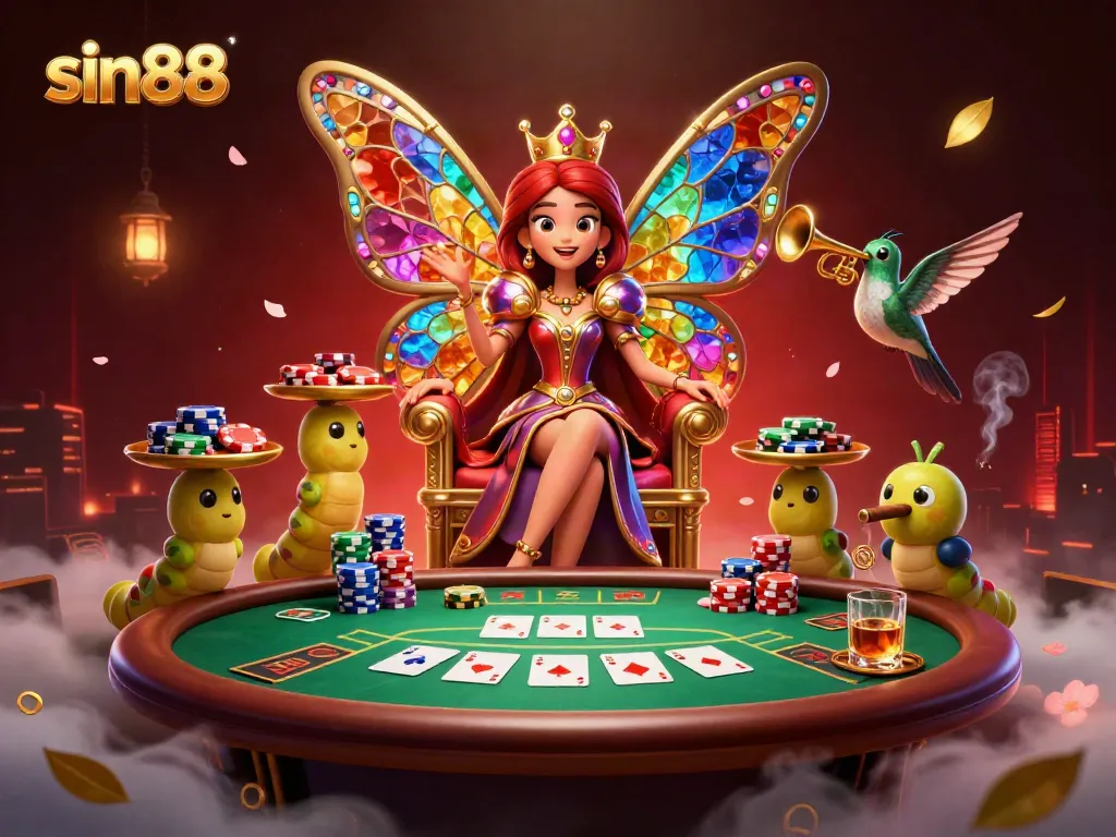 Experience the vibrant world of sin88 with the butterfly queen amidst poker table excitement and golden chips.
