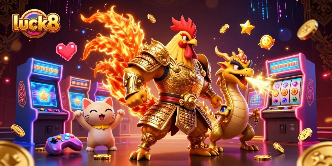 Experience thrilling luck8 gameplay with a fierce rooster warrior and dragon amidst gaming machines.