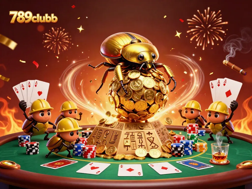 Engage with 789clubb's vibrant casino scene featuring golden beetles rolling coin treasures.