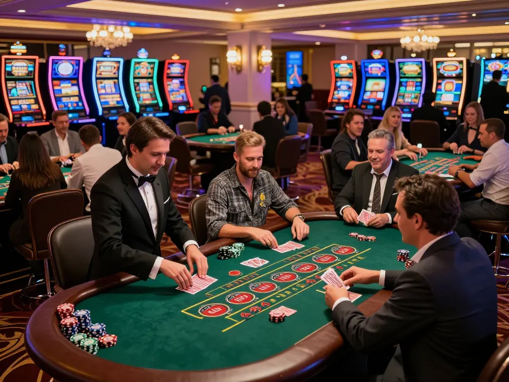 Người chơi LUCK8 tận hưởng các trò chơi blackjack và roulette sôi động trong không khí casino đầy màu sắc.