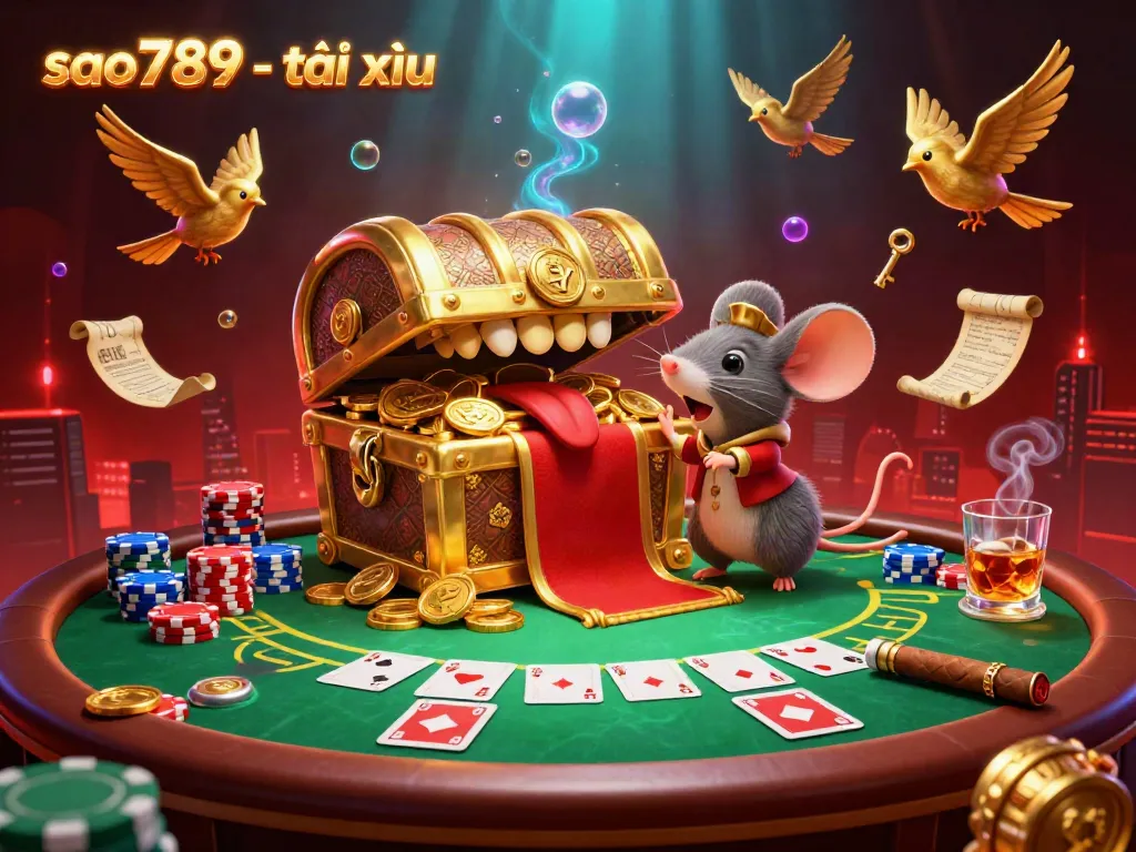 Sao789 - tài xỉu vibrant scene with a treasure chest, poker elements, and glowing effects.