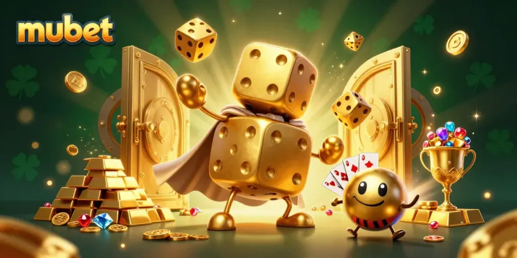 Engage with thrilling games on Mubet with golden dice, gems, and rewards in a vibrant casino scene.