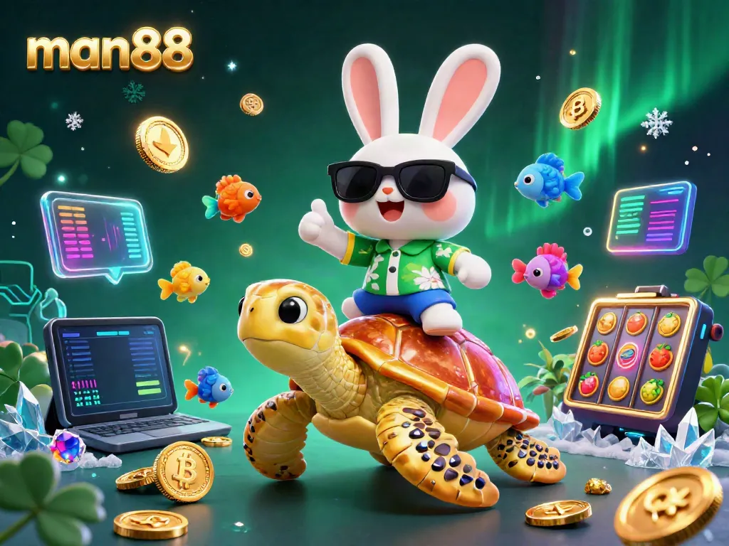 Experience the thrill of gaming at man88 with a lucky rabbit and golden turtle in a vibrant casino scene.