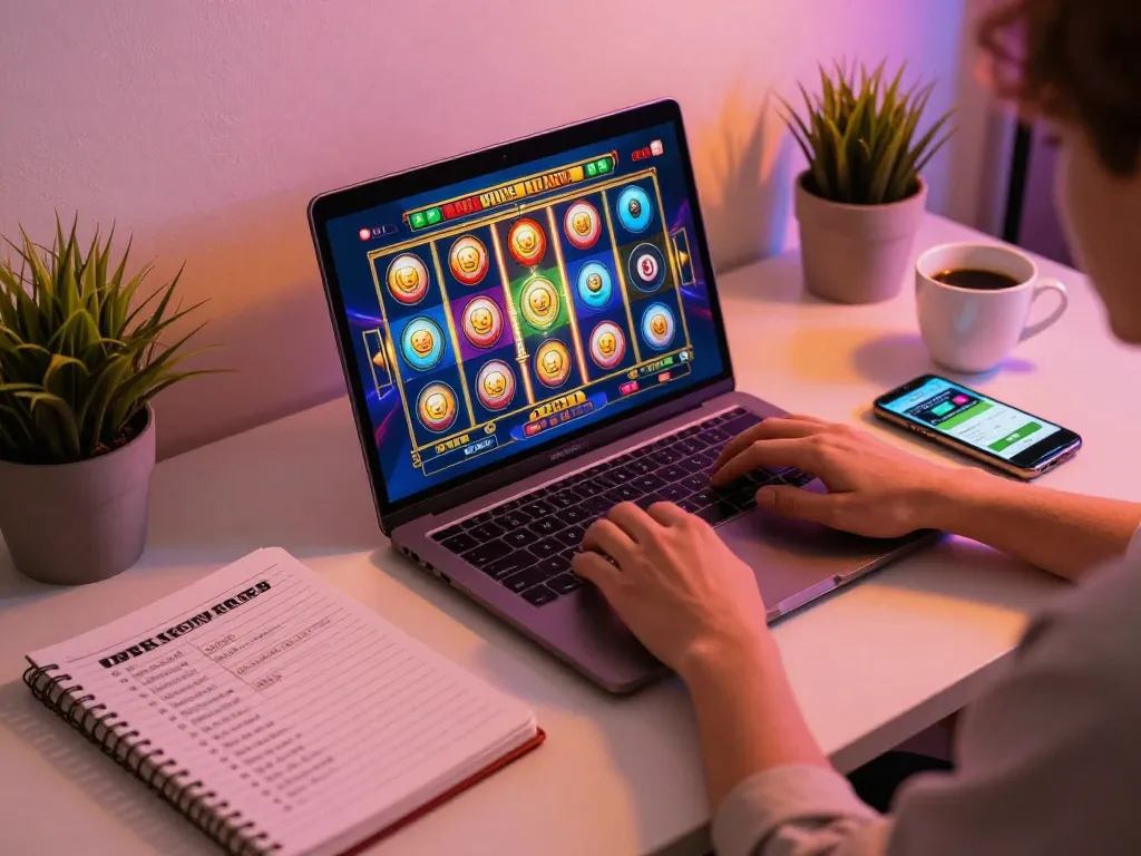 Engaging in responsible online gambling on trang chủ SC88 with vibrant slot game graphics and cozy home setup.