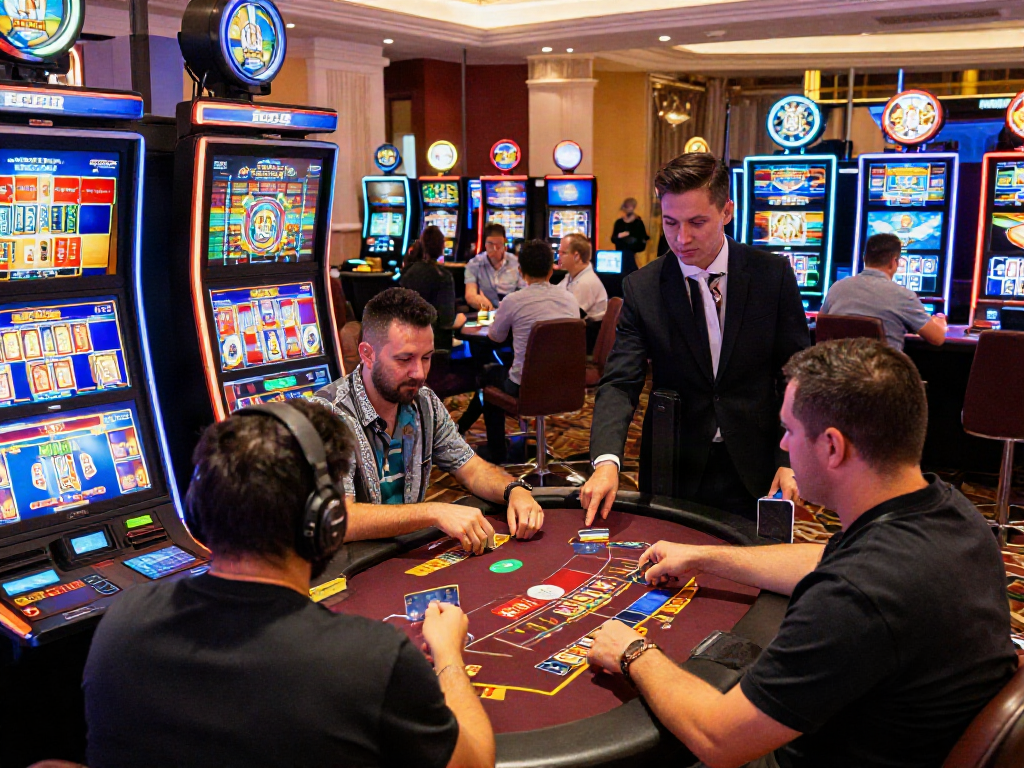 Exciting atmosphere at a credit card casino with players engaged in games and enjoying fast payments.