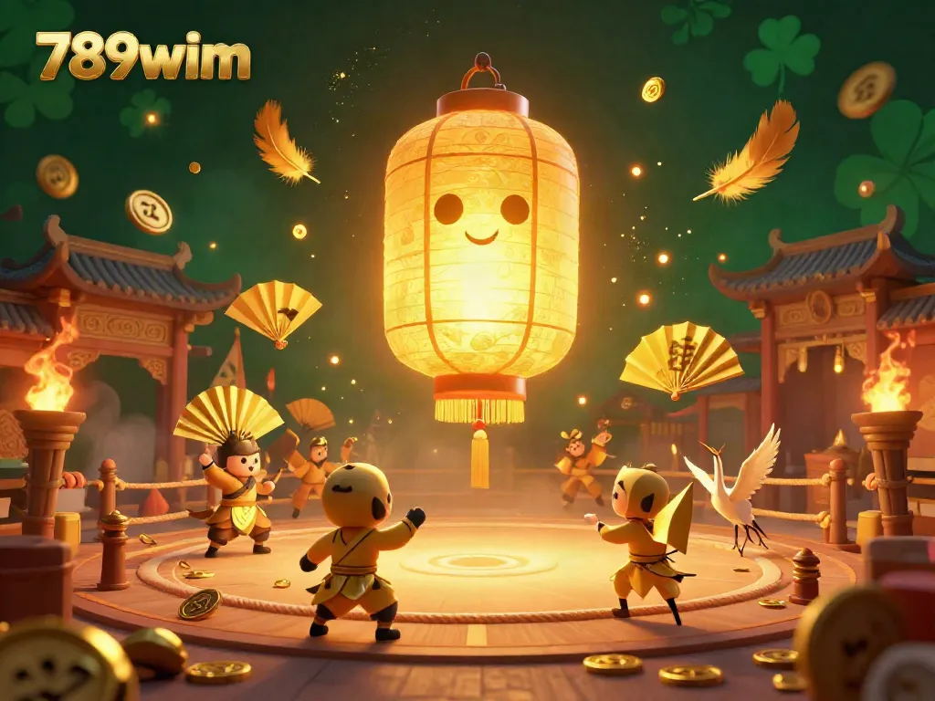 Betting action with 789wim's golden lantern spirit and warriors in a lively casino scene.