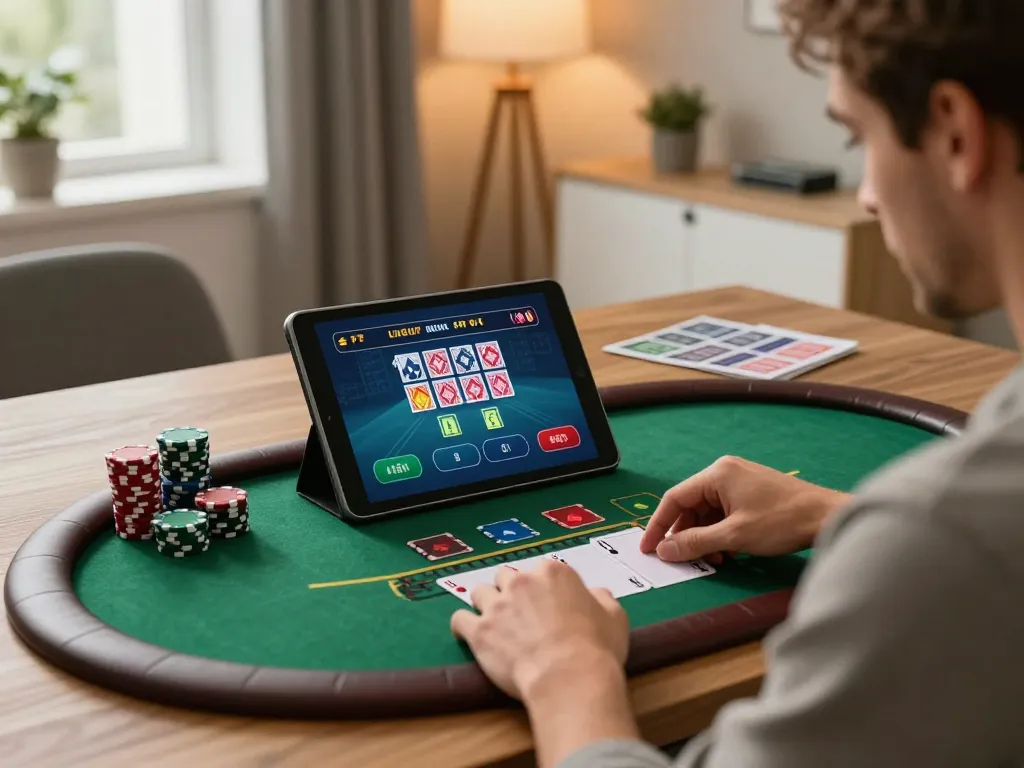 Engaging scene of online gaming at trang chủ 789WIN with a player analyzing blackjack cards on a tablet, warm atmosphere