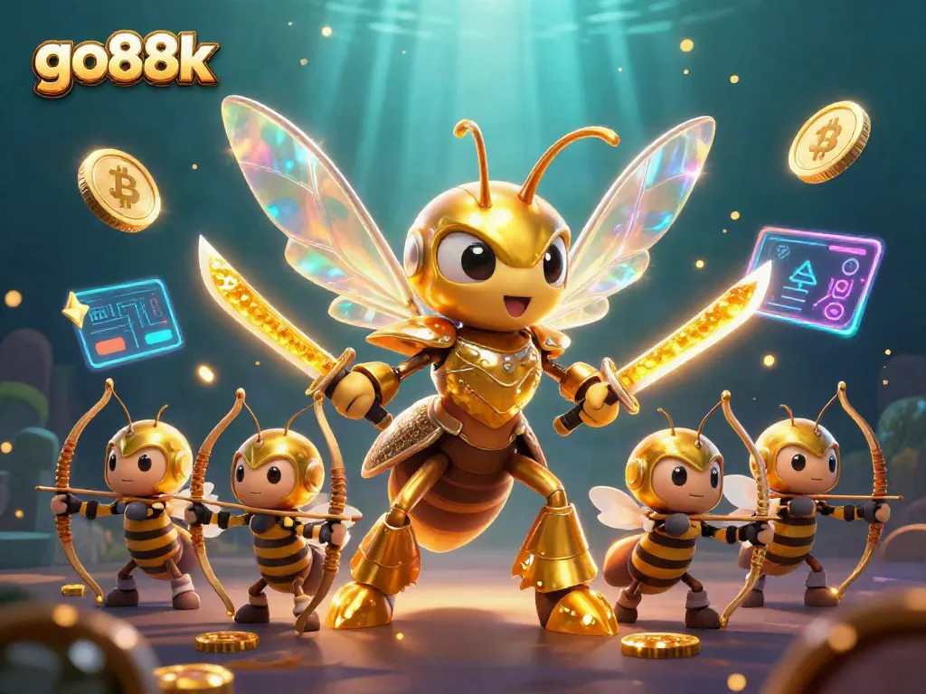 Engage with go88k gaming dynamics featuring a vibrant 3D casino scene with golden hornet warriors.