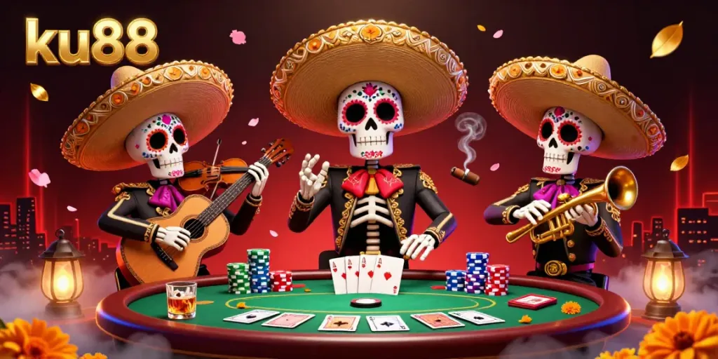 Experience ku88's vibrant online casino scene with a spirited mariachi band playing around poker elements.