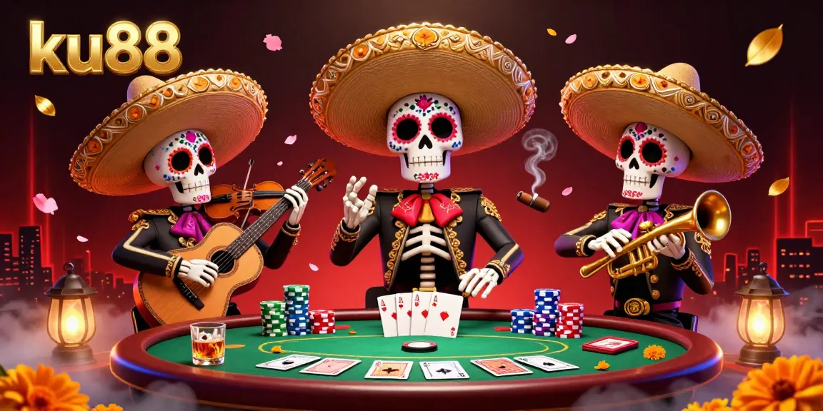 Experience ku88's vibrant online casino scene with a spirited mariachi band playing around poker elements.
