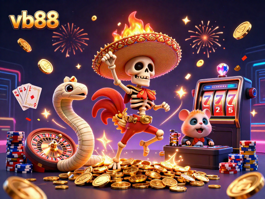 Win big at vb88 with a festive skeleton, mummy snake, and DJ hamster in a vibrant casino scene.