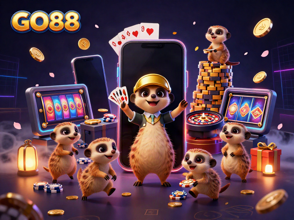 Experience the excitement of GO88 with meerkats running a vibrant casino scene filled with games and fun!
