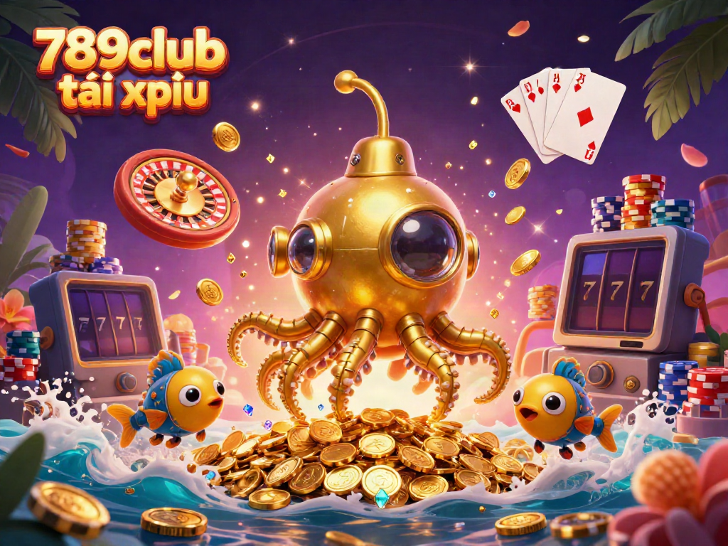 Experience thrilling gameplay with 789club tài xỉu, featuring vibrant golden kraken and dynamic casino elements.