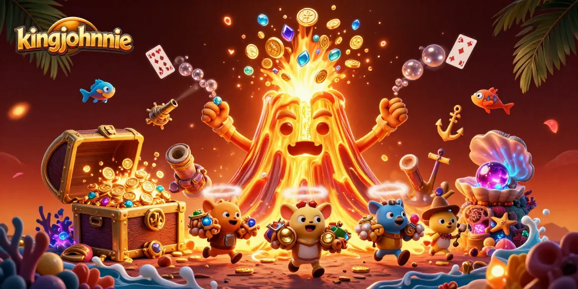 Spin and win with kingjohnnie's vibrant casino scene of treasure eruptions and glowing gems.