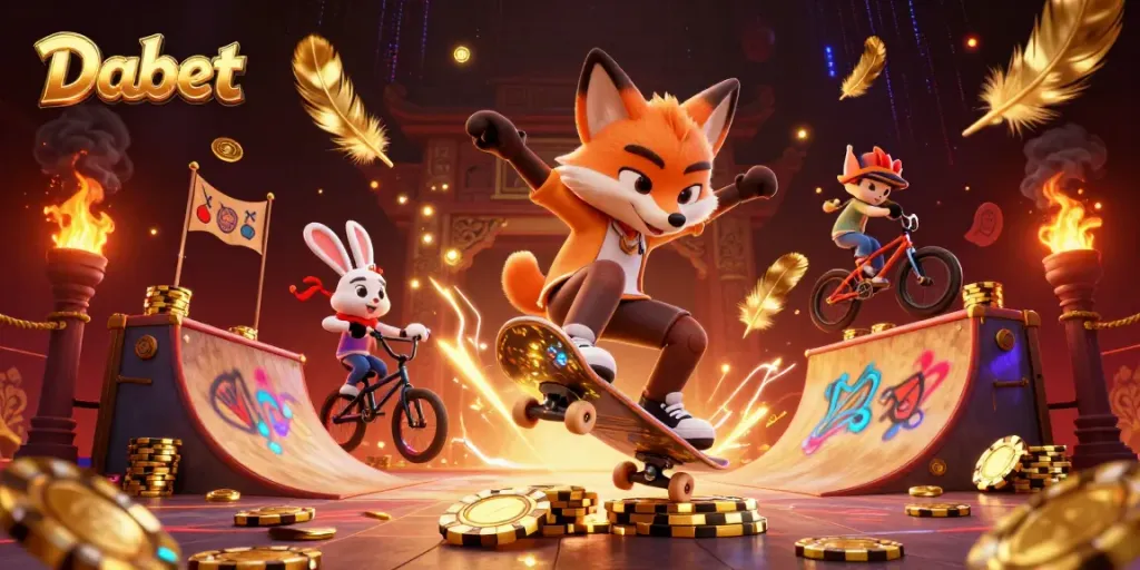 Dabet casino fun with a skateboard fox and BMX rabbit performing stunts over poker chips.