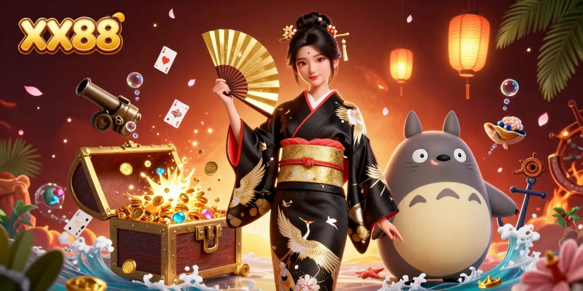 Engage in luck at XX88 with a vibrant scene of a skilled player winning amidst gold coins and cards.