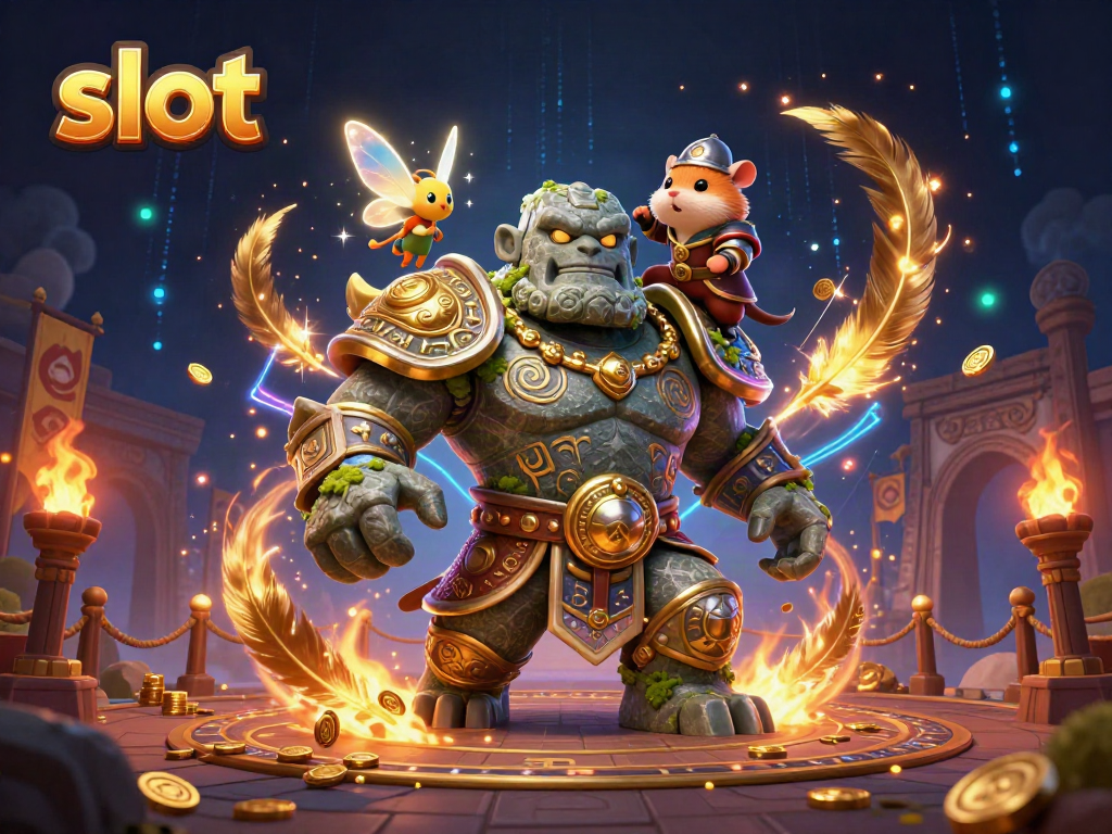 Spin the reels with a golem guardian and a fairy in a magical slot machine adventure