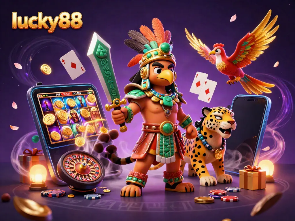 Engage with lucky88's thrilling slots and vibrant gameplay in this dynamic 3D illustration.
