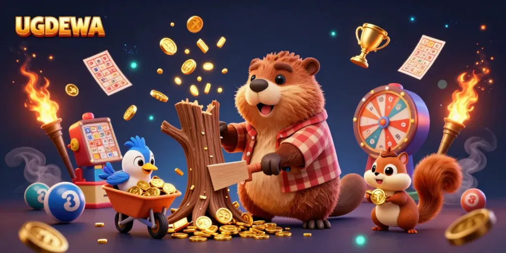 Engage with UGDEWA lottery gameplay featuring a beaver character amidst gold coins and dynamic prizes.
