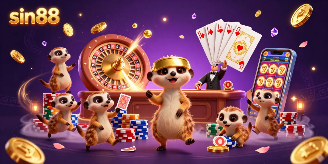 Experience sin88's vibrant casino scene with meerkats, roulette, and tokens in action.