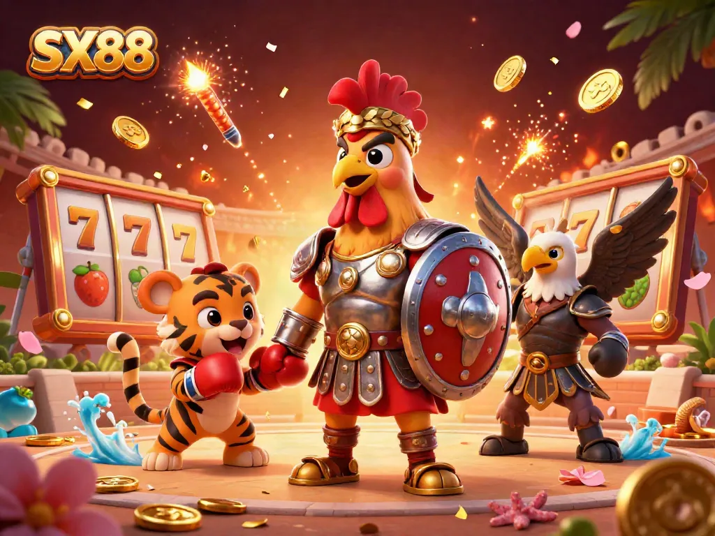 SX88 arcade scene with a gladiator rooster, tiger cub, and eagle amidst vibrant slot machine elements.