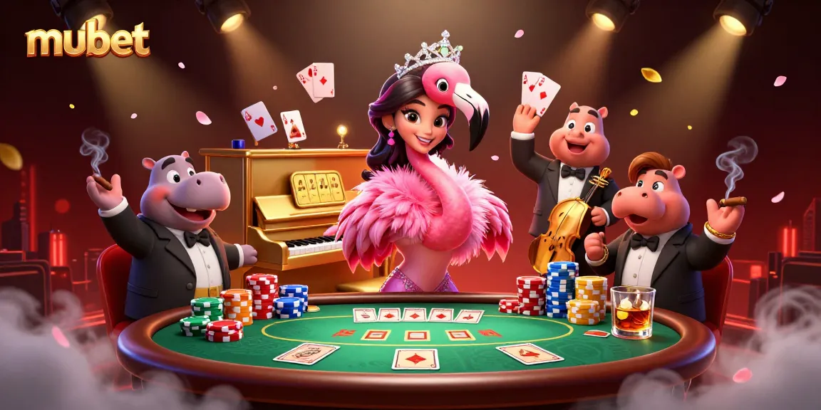 Experience the vibrant energy of mubet with a colorful casino scene featuring a flamingo singer and jazz band.