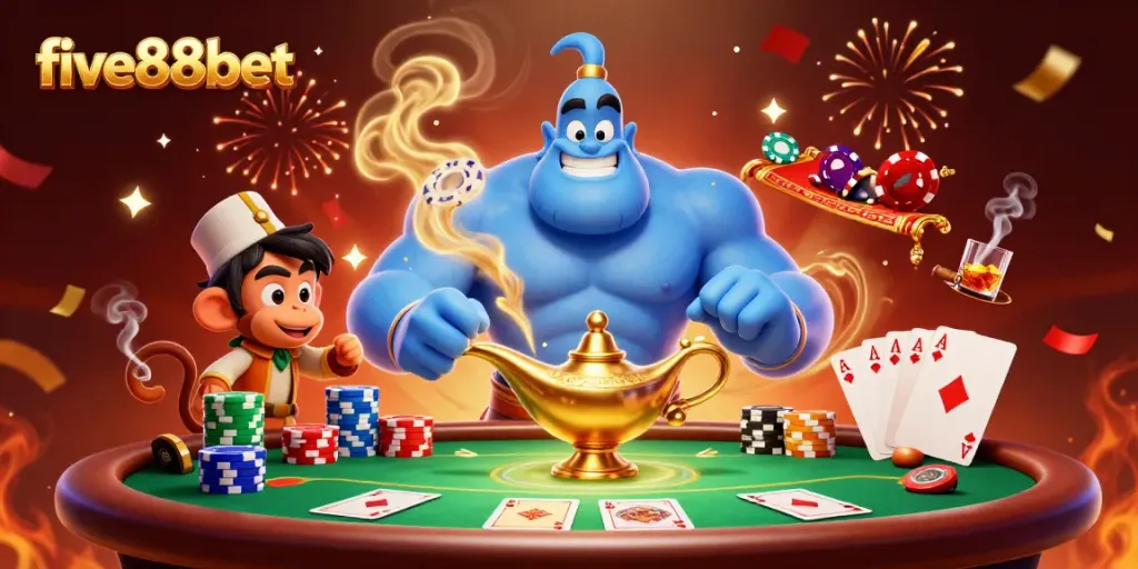 Experience thrilling gameplay at five88bet featuring a genie, poker chips, and festive energy.