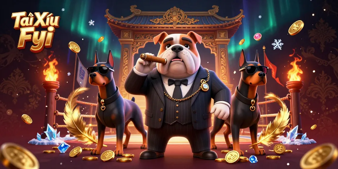 Tài Xỉu Fyi illustration showcasing a mafia boss bulldog and Doberman bodyguards surrounded by golden casino elements.
