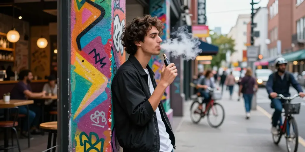 Pengguna rokok88 menikmati momen santai di lingkungan perkotaan yang trendi.