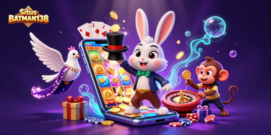 Situs BATMAN138 brings excitement to life with a magician, dove, and monkey amidst vibrant casino symbols.