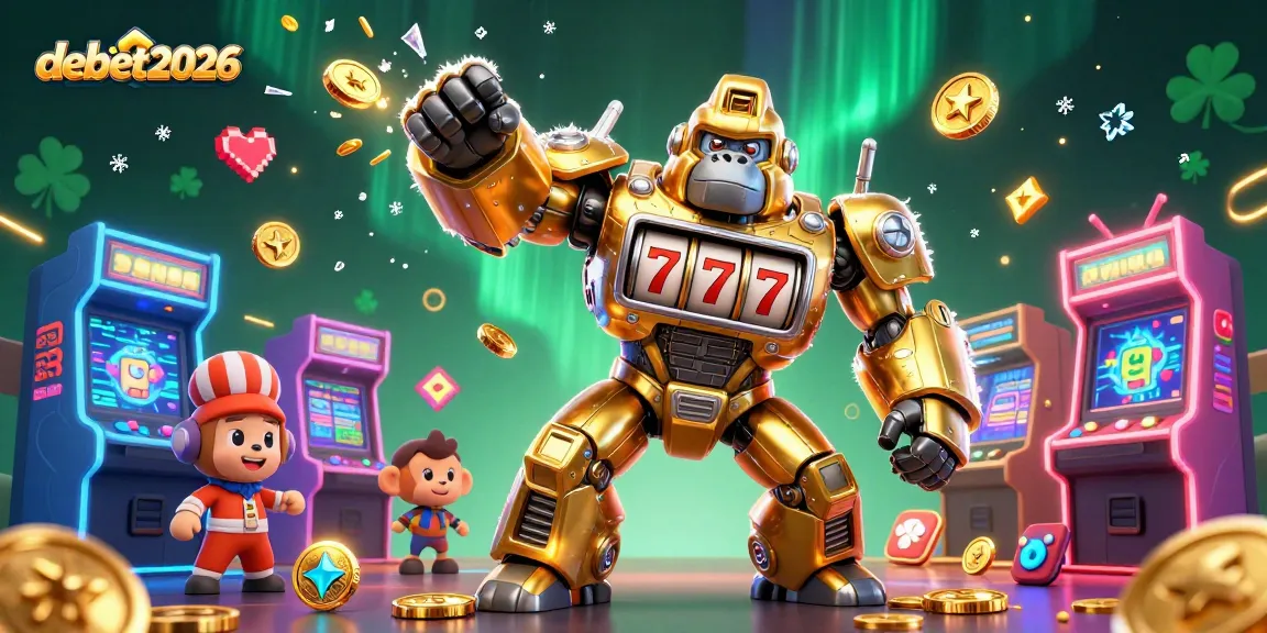 Join debet2026 in a vibrant casino adventure with golden gorilla mech and exciting game elements.