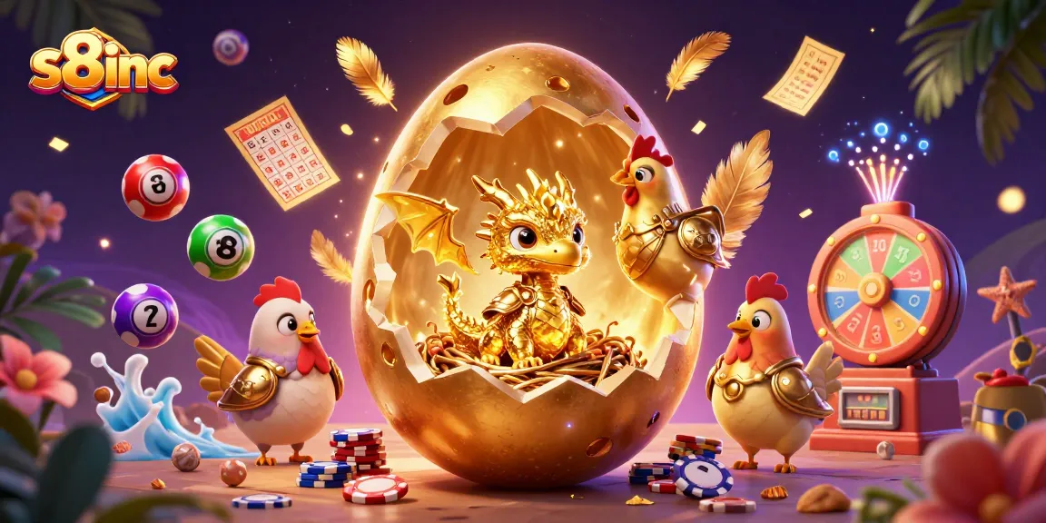 Experience the excitement of s8inc with a vibrant 3D illustration showcasing golden themes and dynamic gambling elements.