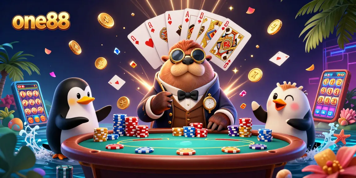 Experience thrilling poker action at one88 with a jolly walrus and sophisticated dealer!