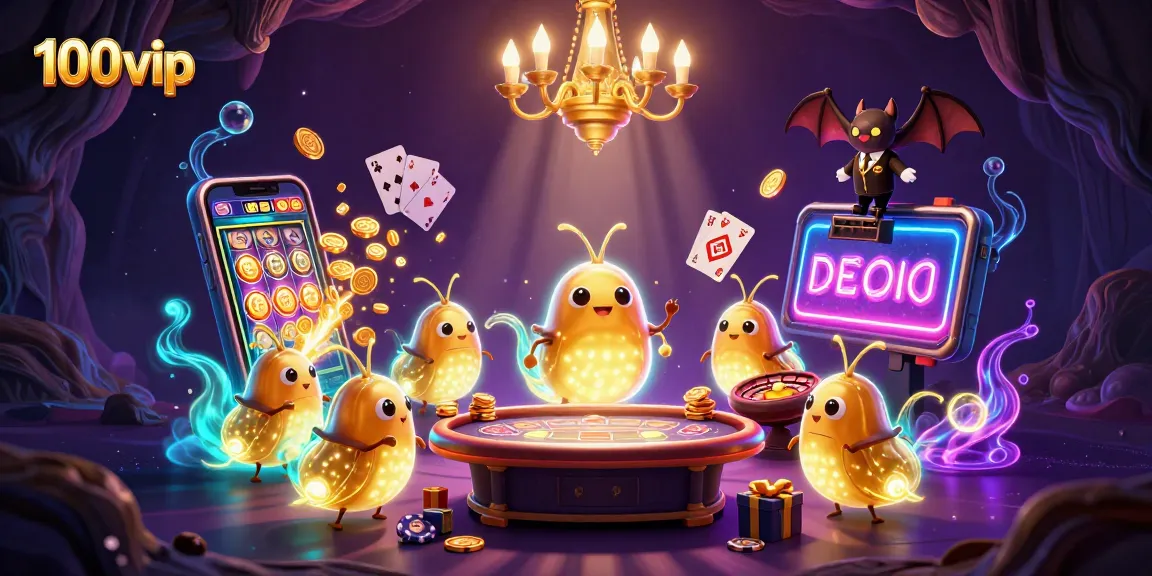 100vip showcases a vibrant cave casino scene lit by glowing worms and a bat dealer, inviting excitement.
