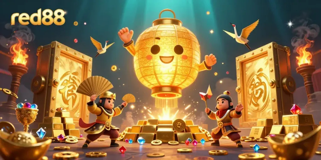 Experience the vibrant atmosphere of red88 with a glowing lantern spirit in a dynamic casino scene.