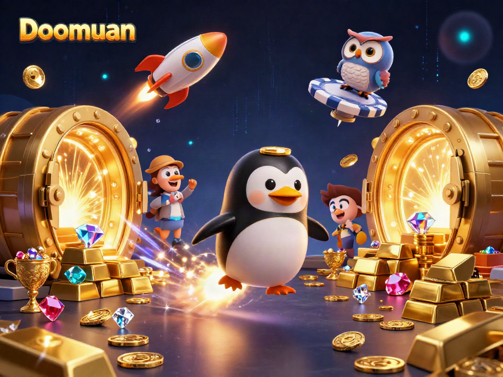 Doomuan's golden penguin astronaut navigates through stunning casino space adorned with treasures and light.