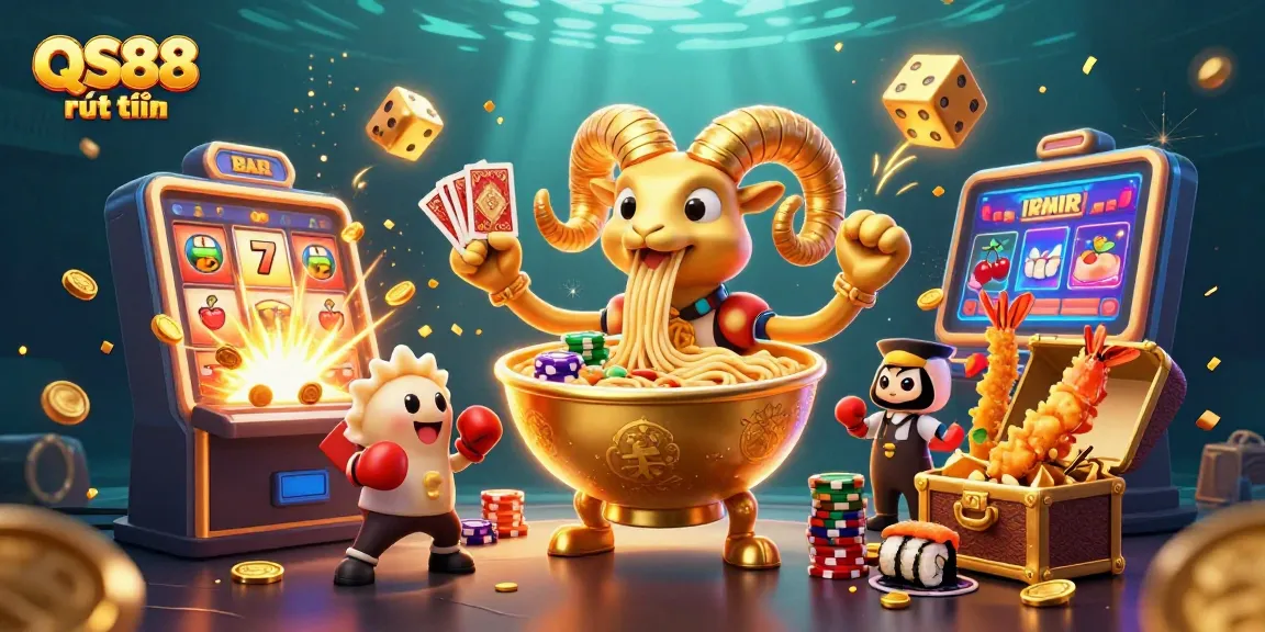 Experience QS88 rút tiền in a vibrant 3D illustration of a dynamic casino scene.