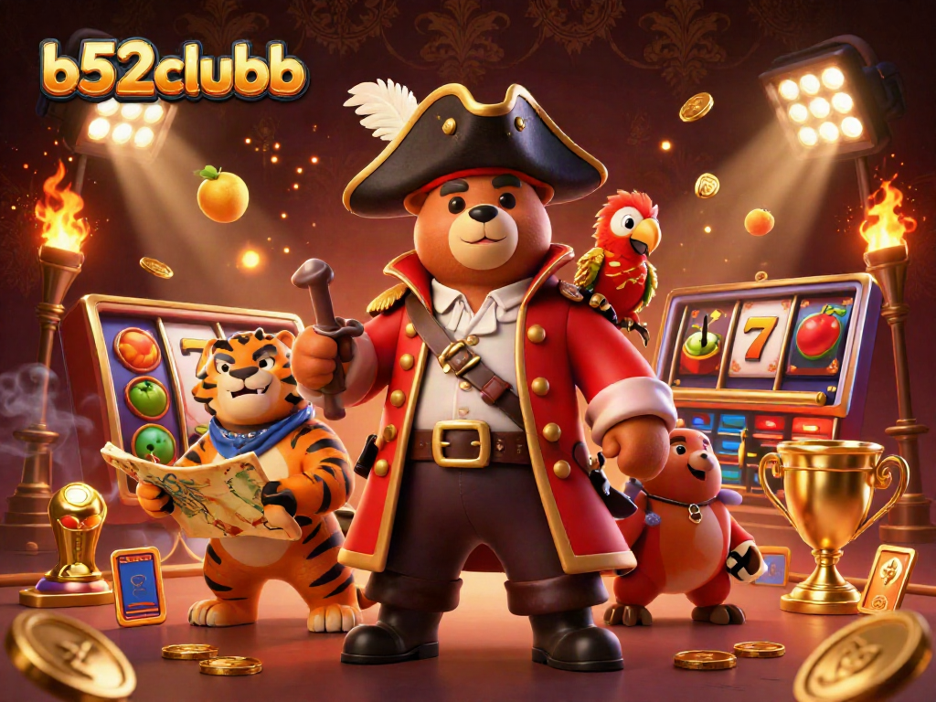 b52clubb showcases thrilling slots with a pirate captain bear, fierce tiger, and treasure map in a vibrant casino scene.