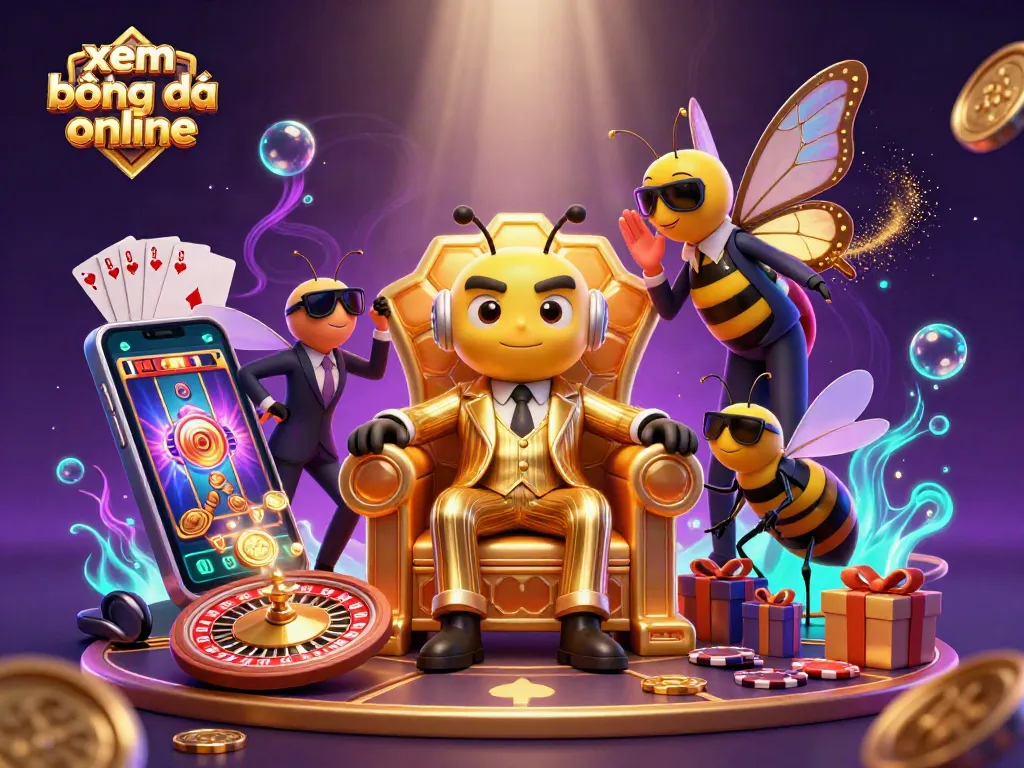xem bóng đá online with a cartoon bumblebee mob boss and sports betting elements in a dynamic casino scene