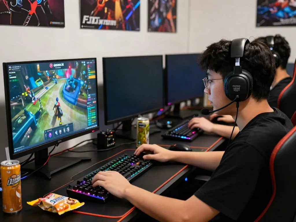 Focused gamer exploring the qqmacan link portal with vibrant game graphics.