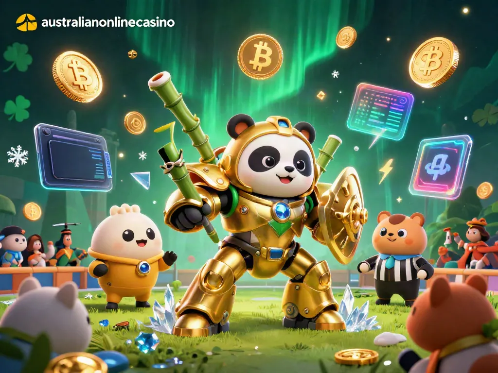 Experience dynamic gameplay at australianonlinecasino featuring mech-suit panda and crypto elements.